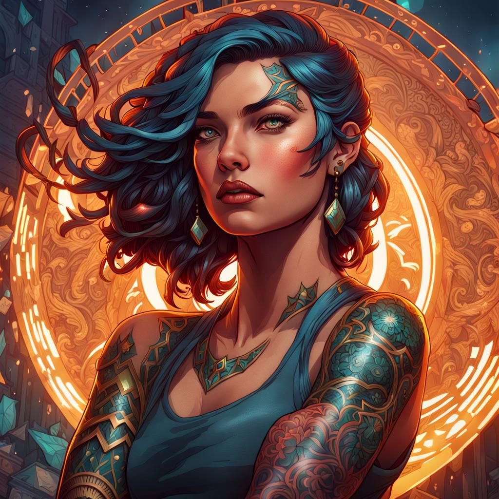 Tattooed Woman in Comic Book Style