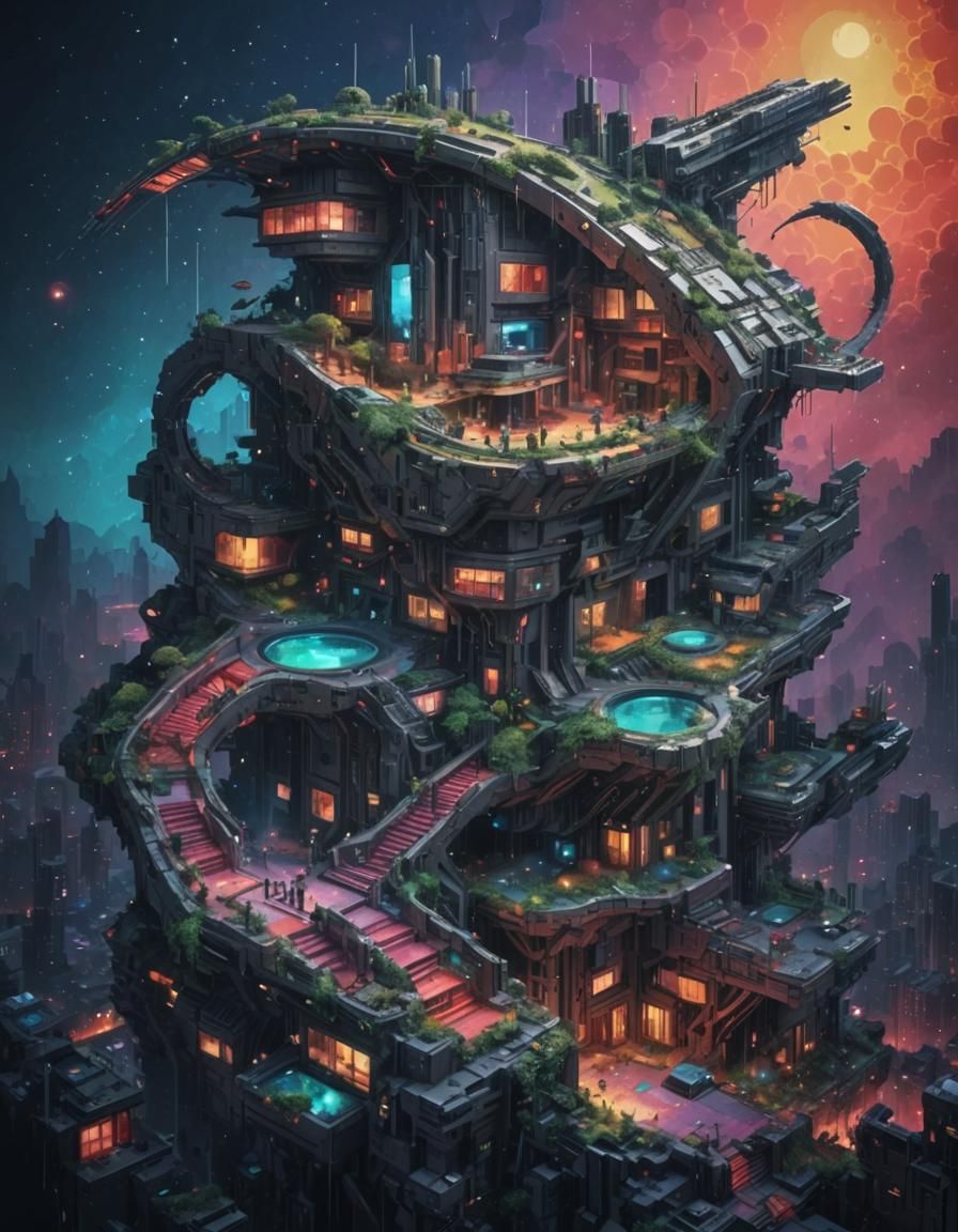 Pixelated Neofuturistic Landscape in Geometric Fauvism Style