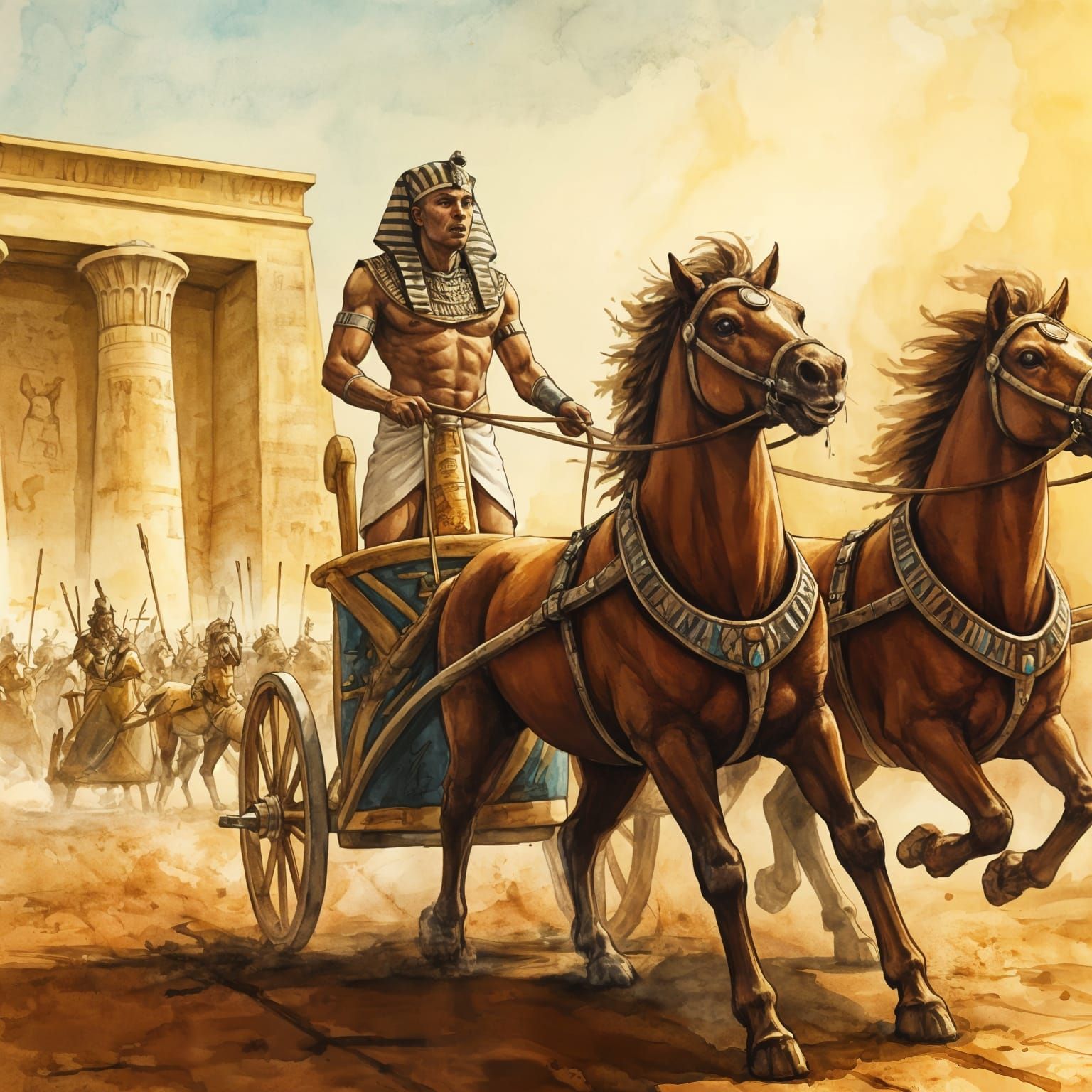 Ancient Egyptian Pharaoh Chariot Battle Scene in Vibrant Ink...