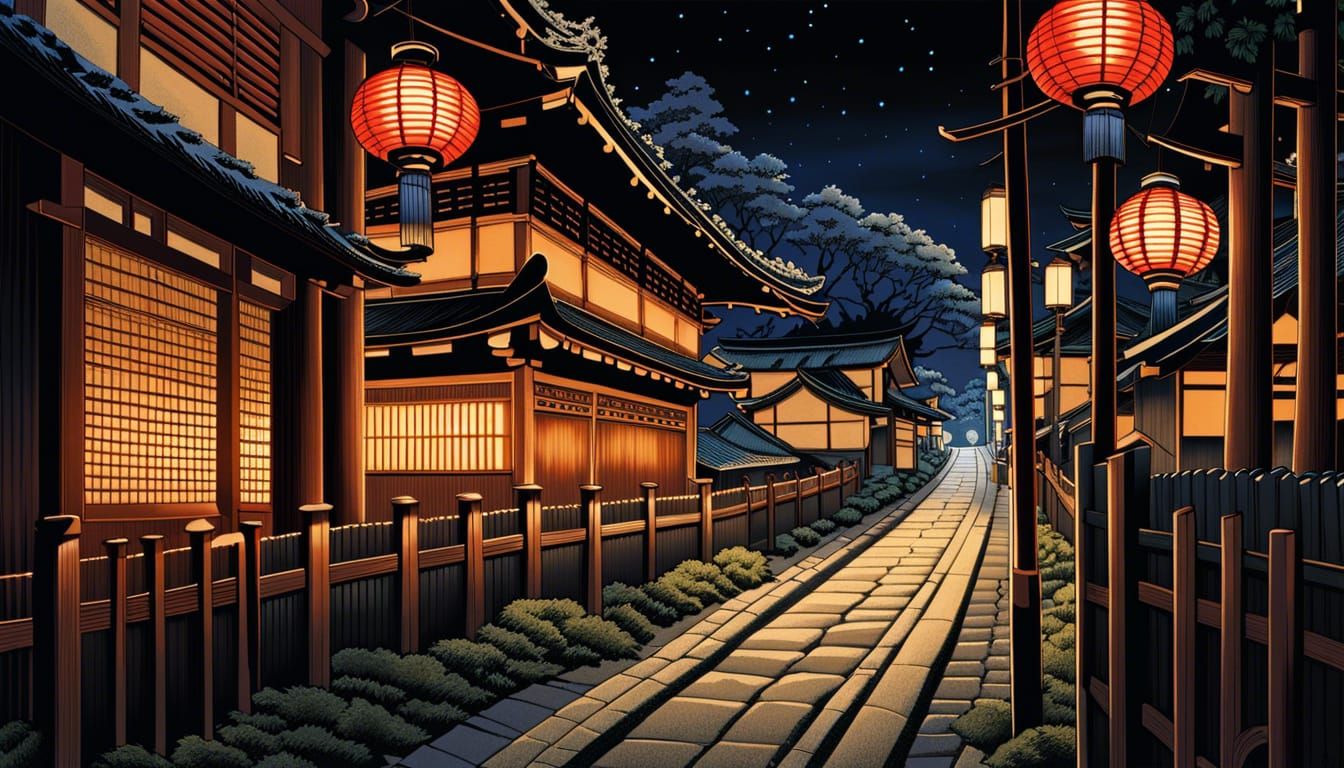a professional hyperdetailed ukiyo-e   a majestic street, detailed fence, detailed lanterns, dark nighttime, night color...