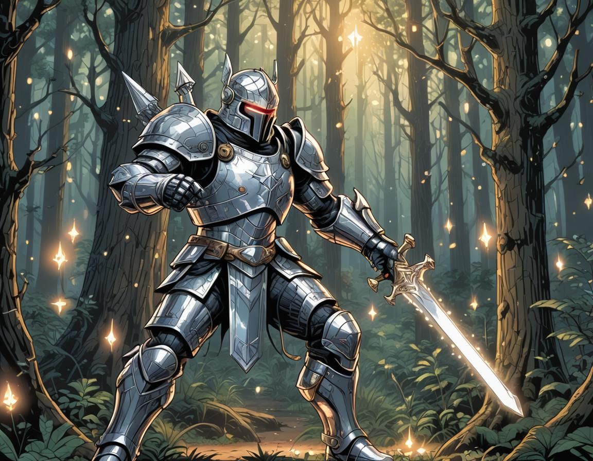 8-Bit Hero in Enchanted Forest, Comic Book Style