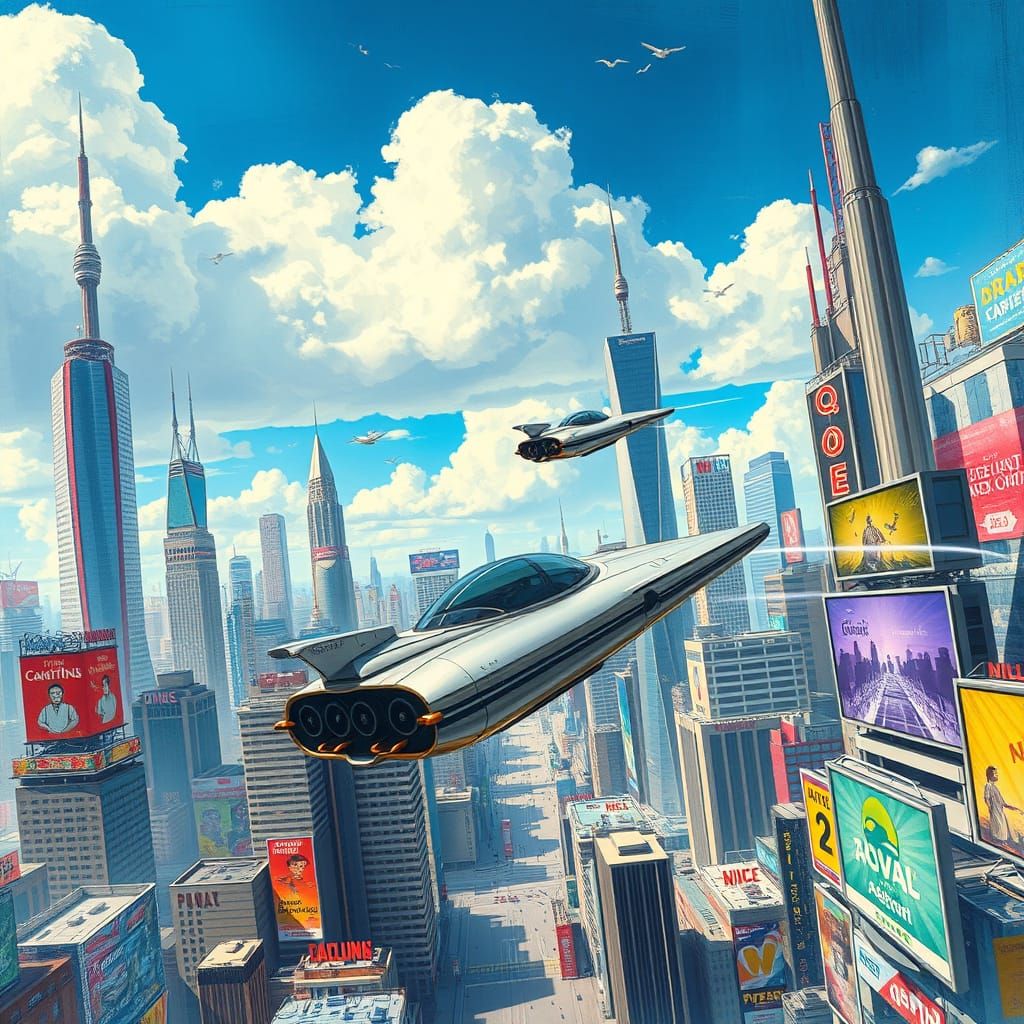 Futuristic Cityscape with Flying Cars in a Neon-lit Metropol...