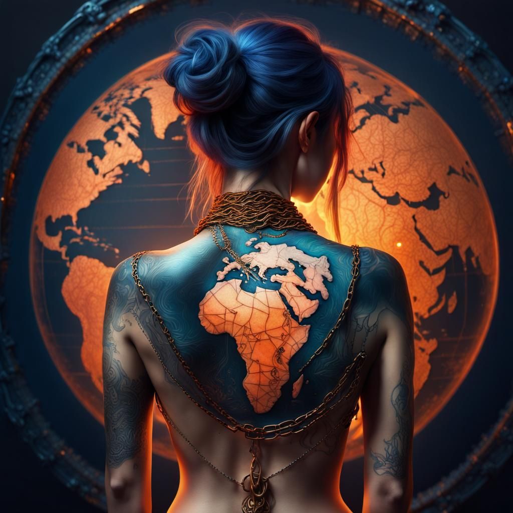 Woman with Luminous World Map Tattoo as 3D Render