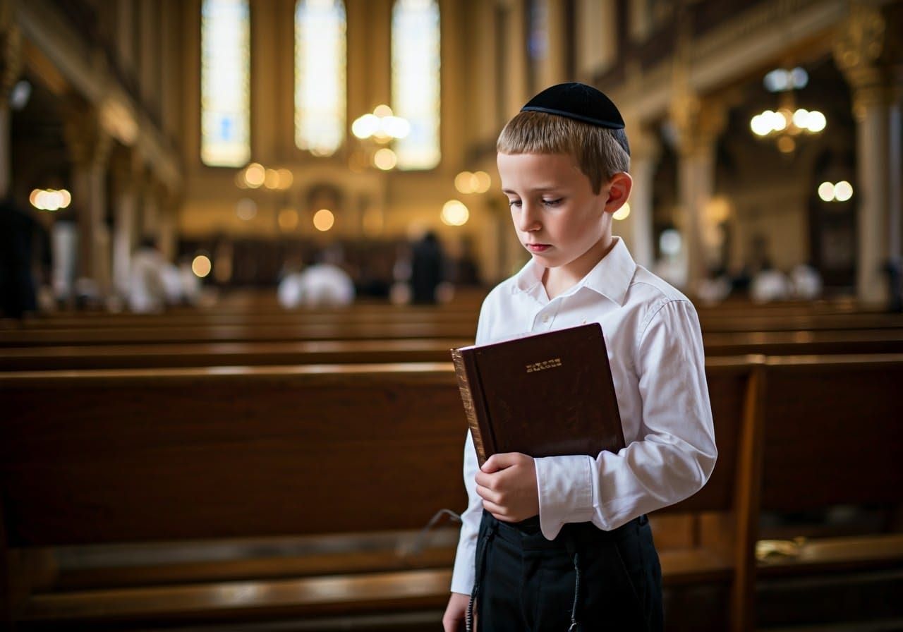 Young Haredi Boy in Traditional Attire, Holding Siddur in Or...