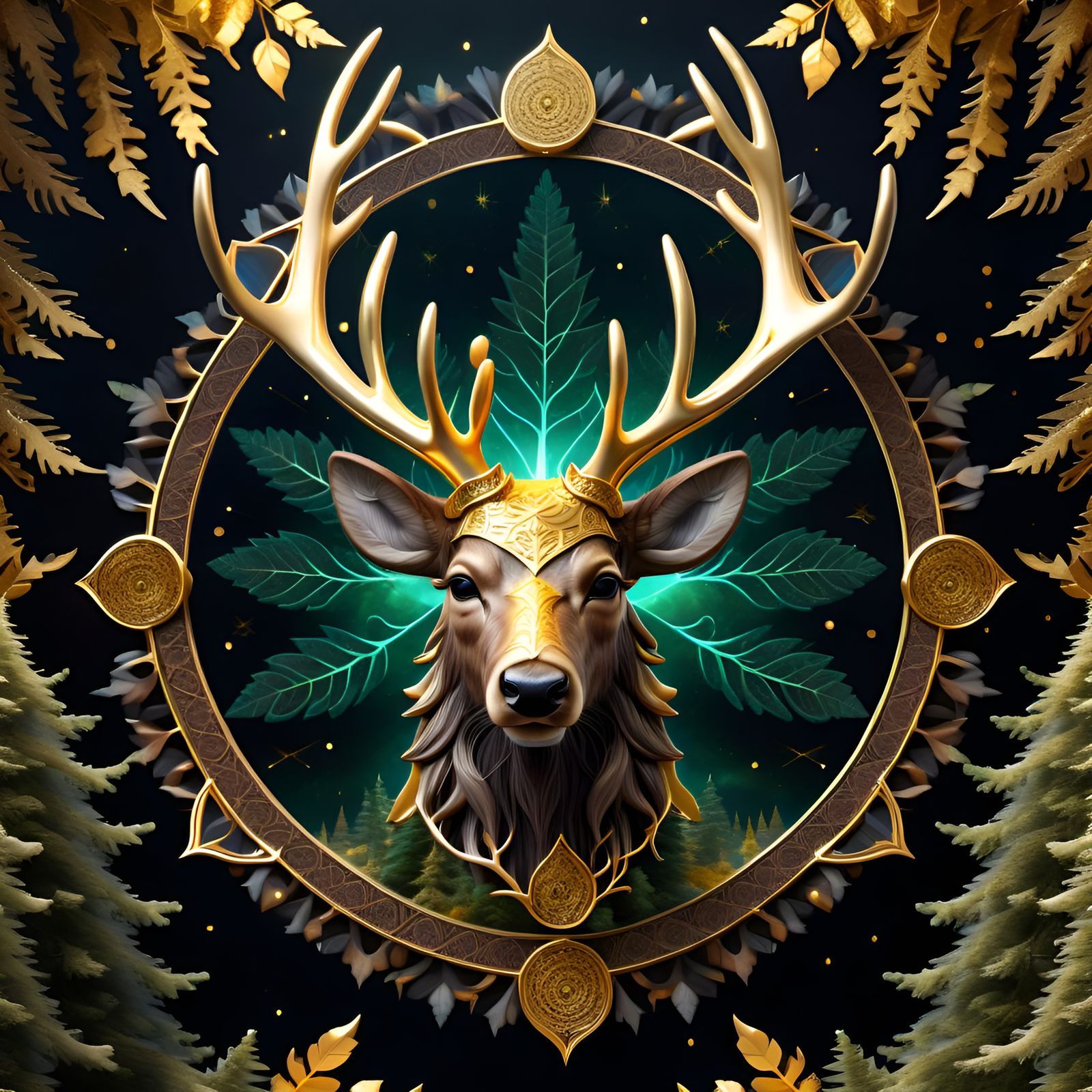 Golden Reindeer in Dark Forest with Aurora