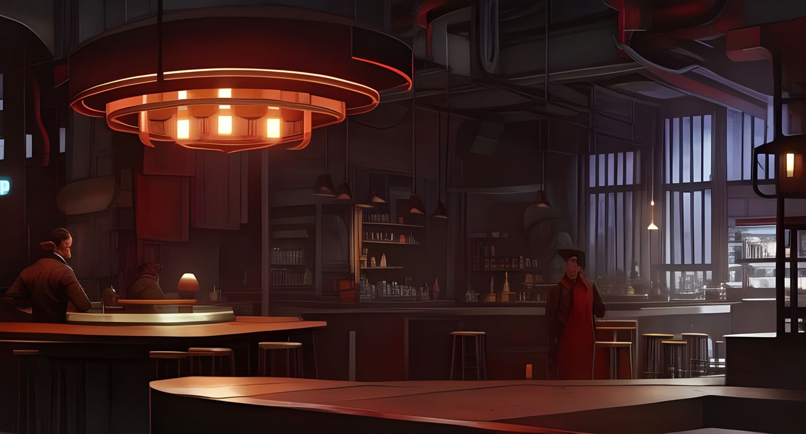 Crowded Night Cafe in Flowerpunk Cyberpunk Style