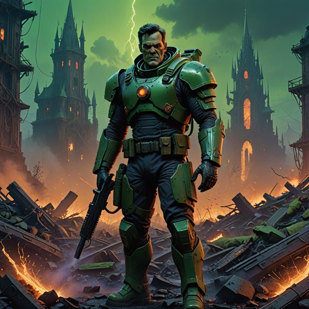 Heroic Bruce Campbell as Doomguy in a Gothic, Hellish Landsc...