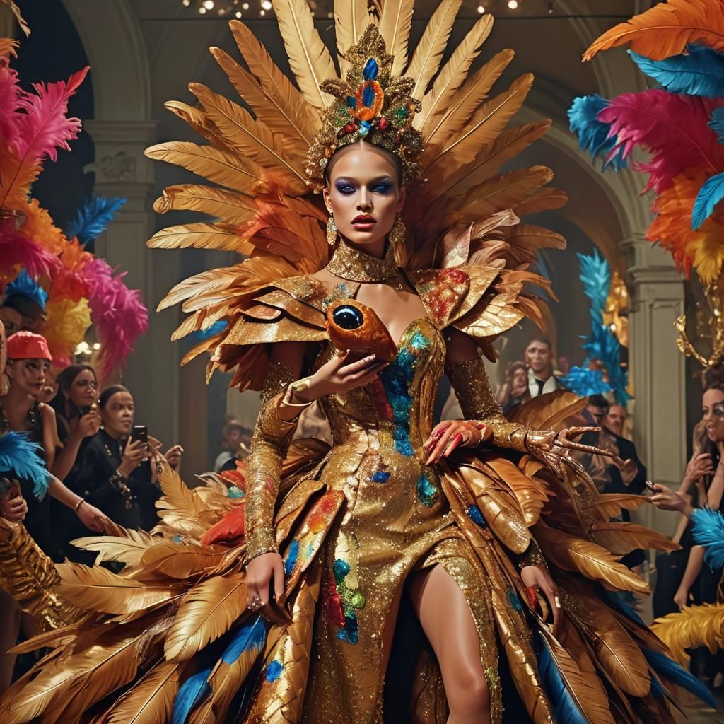 Surreal Fashion Model Eats Turkey Leg, Oil Painting