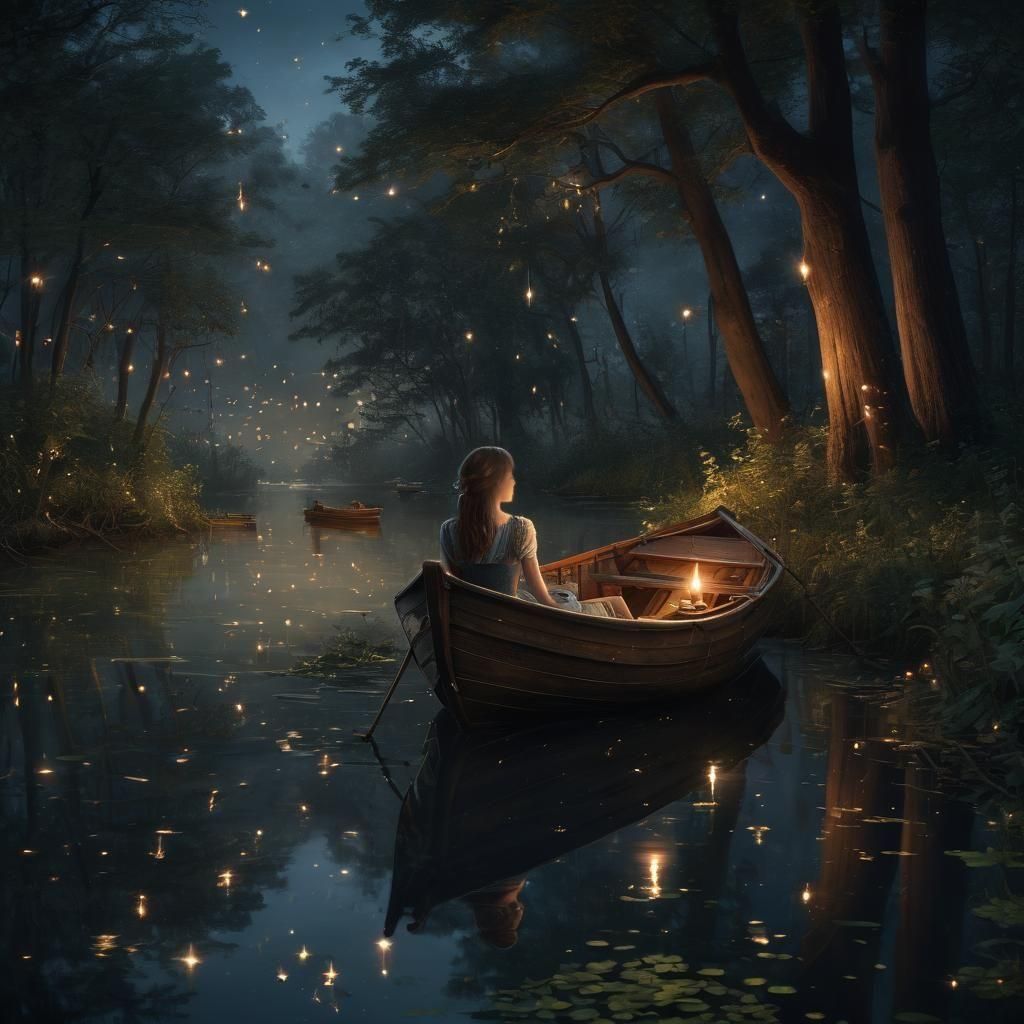 Girl in Boat on River of Fireflies, Victorian Style