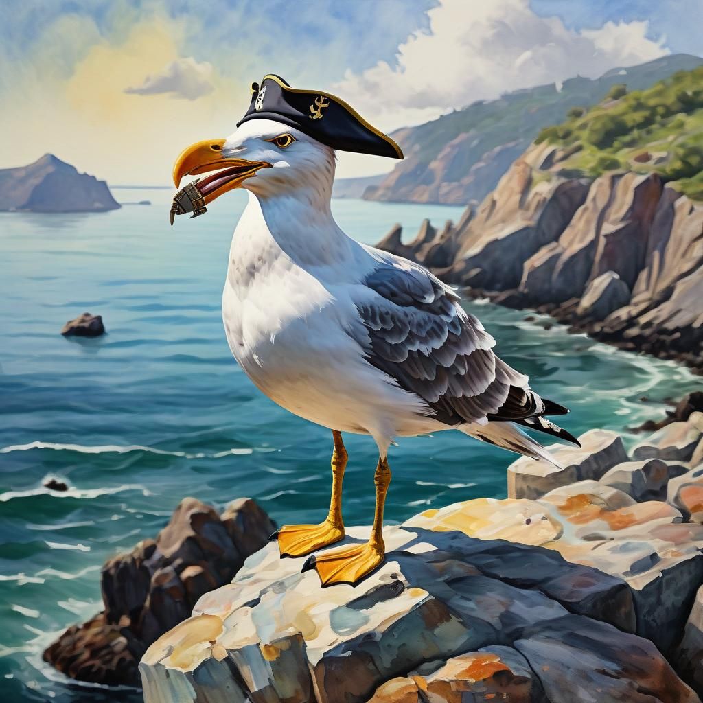 Pirate Seagull on Rocky Bay in Gouache Style