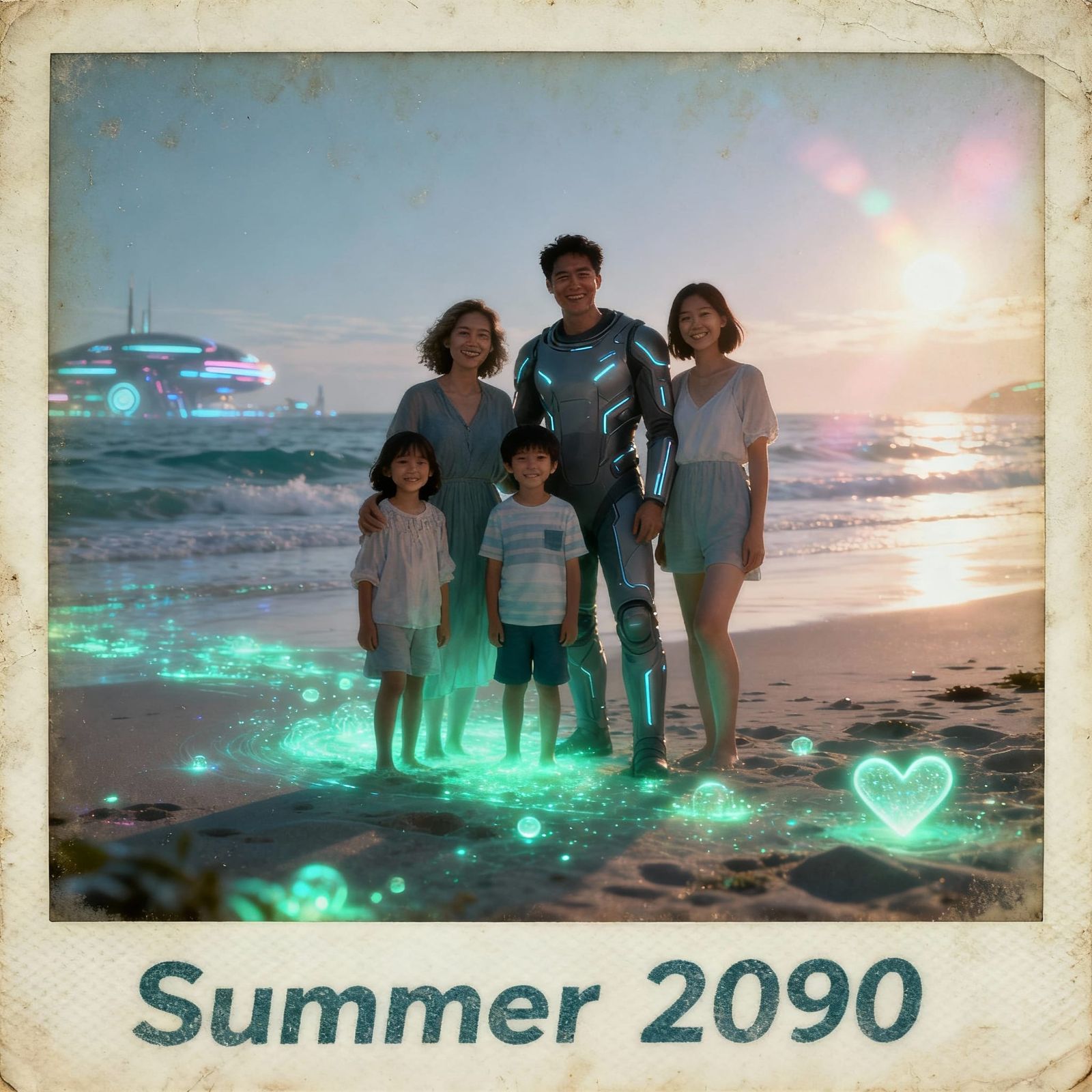 Family Beach Memories in Retro Futuristic Polaroid
