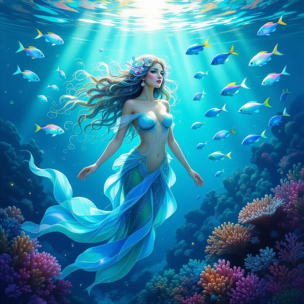 Bioluminescent Nymph Emerges, Art Nouveau Style