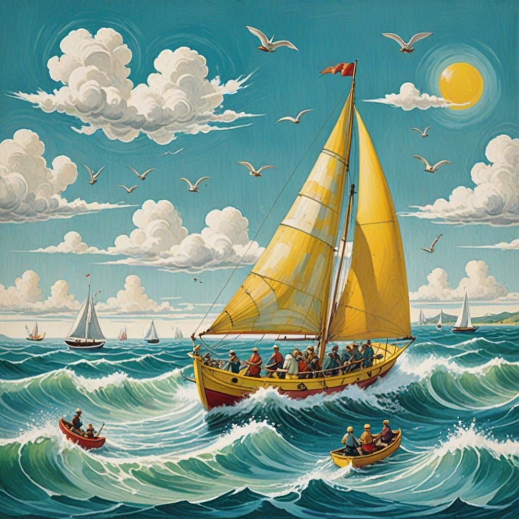 Vibrant Nautical Scene in Gouache Style