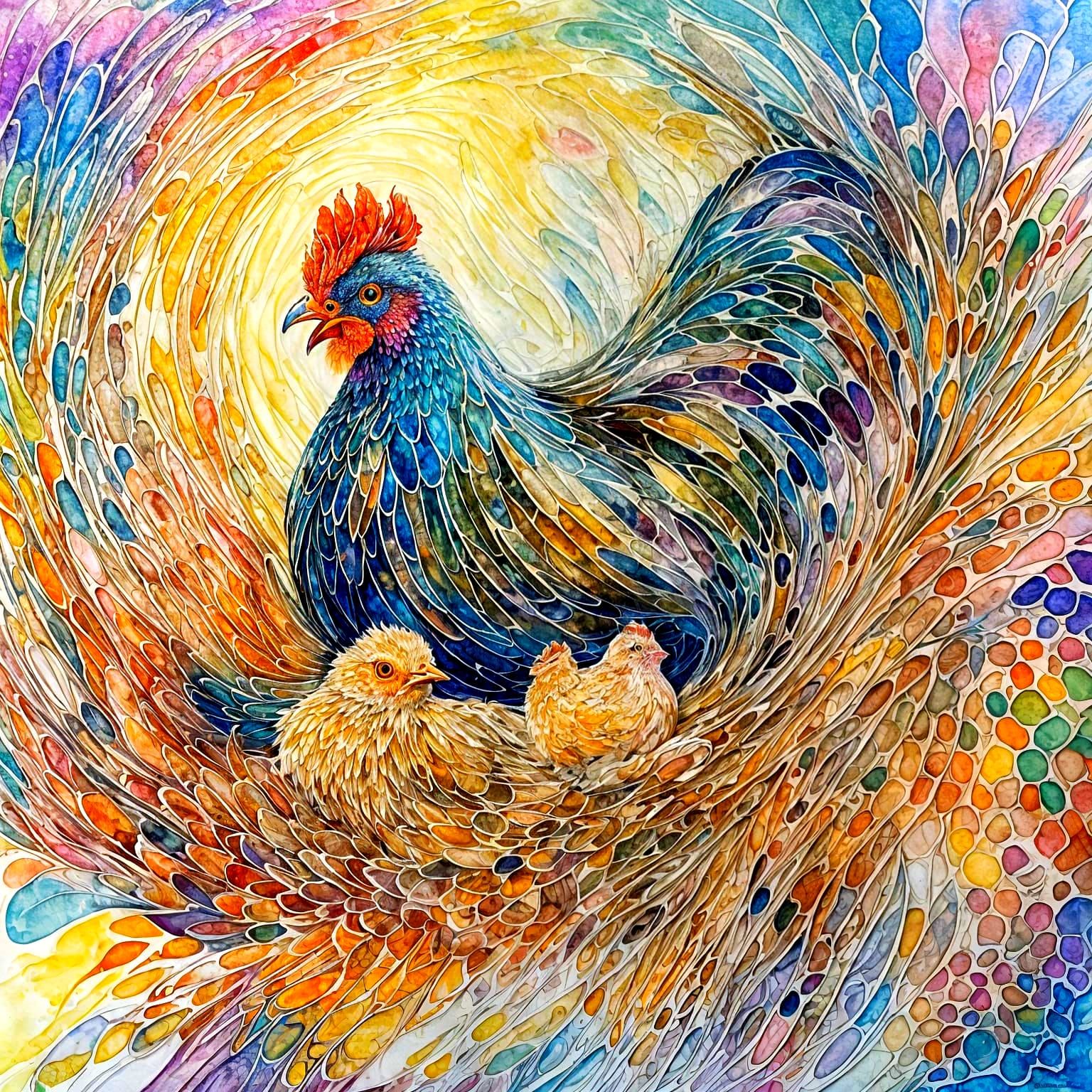 A hen with her chicklets abstract vector fractal, wave function, Zentangle, 3d shading in Gouache Style, Watercolor, Mus...