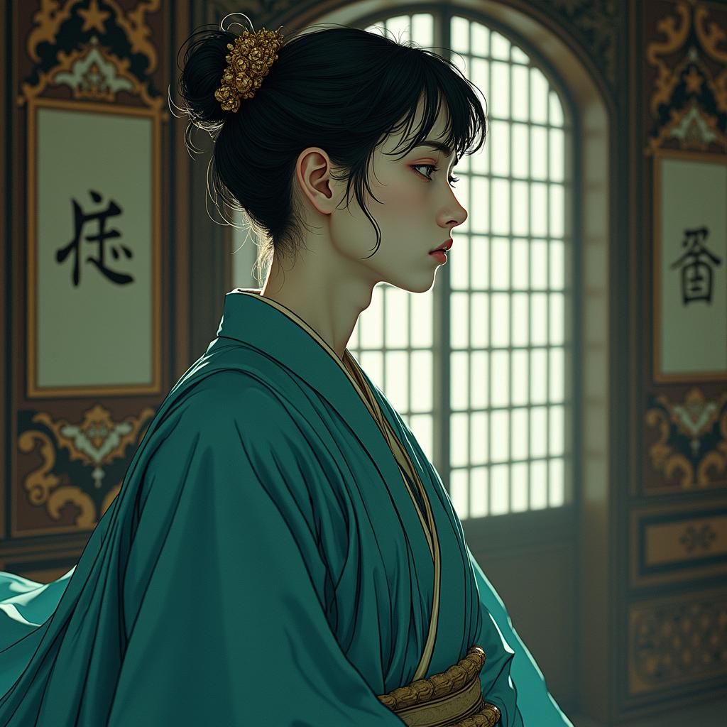 A youthful, androgynous otoko no ko stands resolute, cinemagraphically backlit, within a dramatic, Beaux-Arts-inspired s...