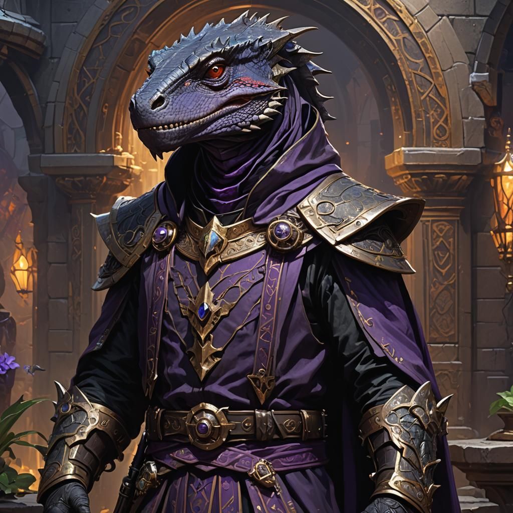 Portrait of a only Black scaled lizardfolk earth kineticist in Pathfinder RPG dressed in Dark robes