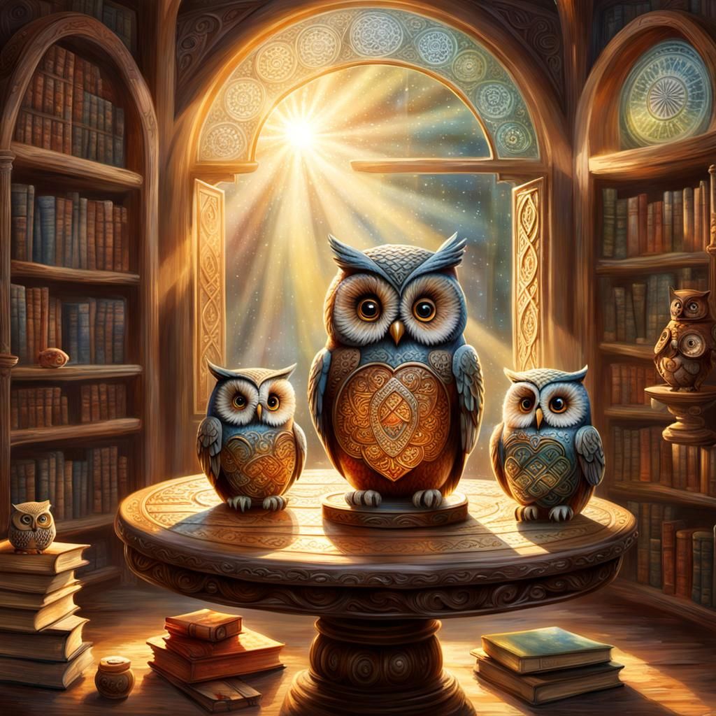Celtic Owl Dolls in Rustic Library, Fantasy Style