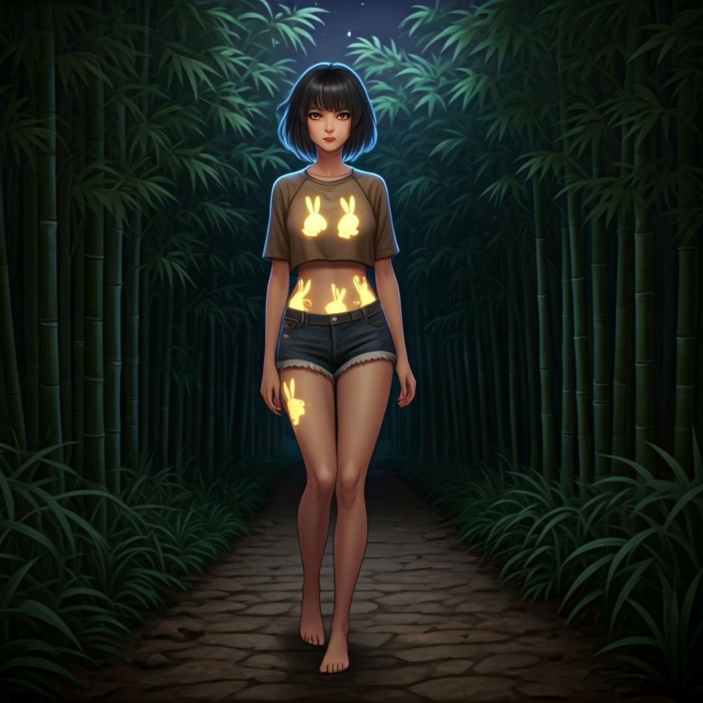 Anime Woman in Bamboo Forest with Glowing Tattoos at Night