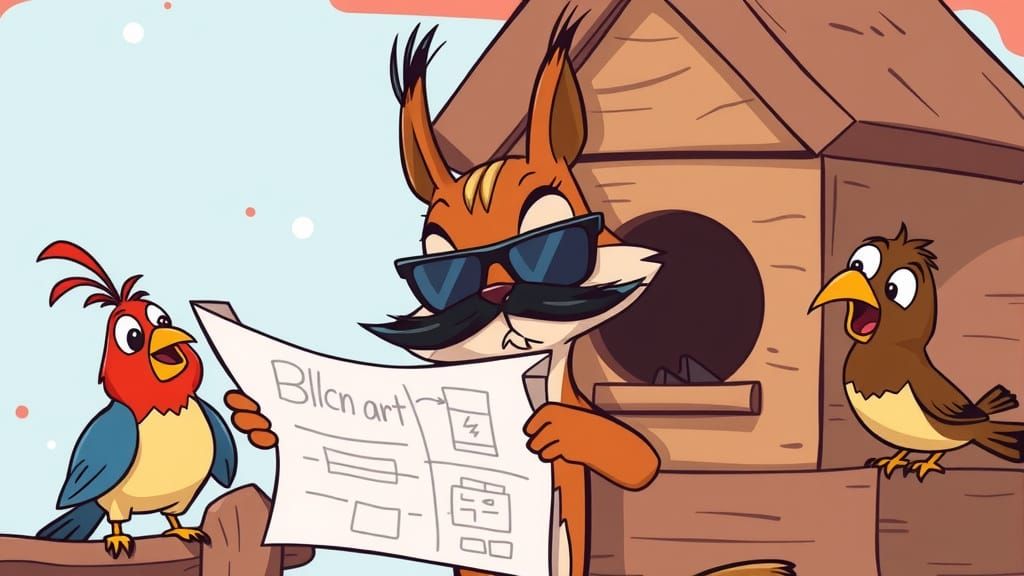 A playful cartoon squirrel wearing a fake mustache and sunglasses, sneaking into a birdhouse while other birds look shoc...