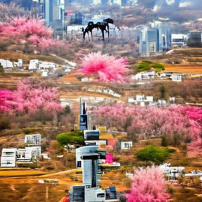 Seoul Skyline in Spring Cherry Blossom Season