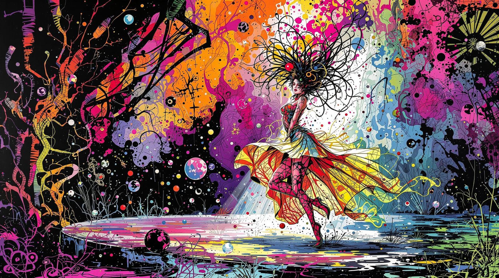 Psychedelic Showgirl in Etched Inked Line Drawing