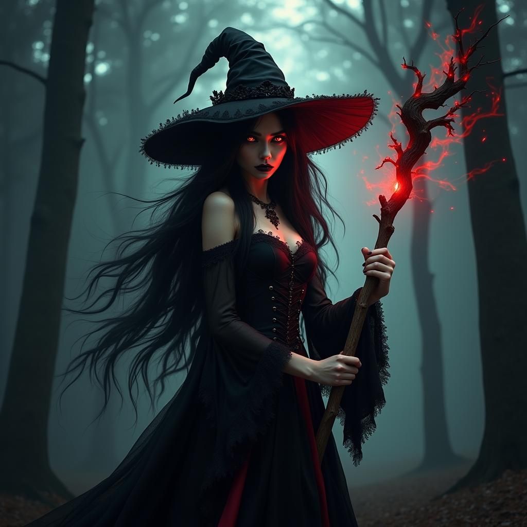 Mysterious Gothic Witch in Dark Forest, Anime Style