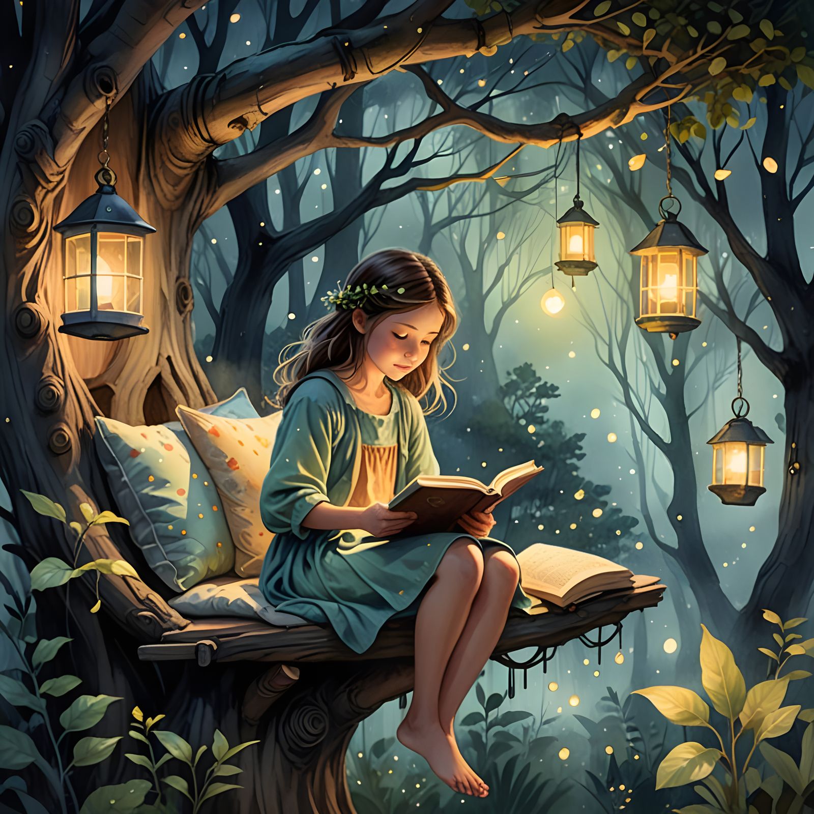 Enchanted Treehouse Reading Nook in Watercolor Style