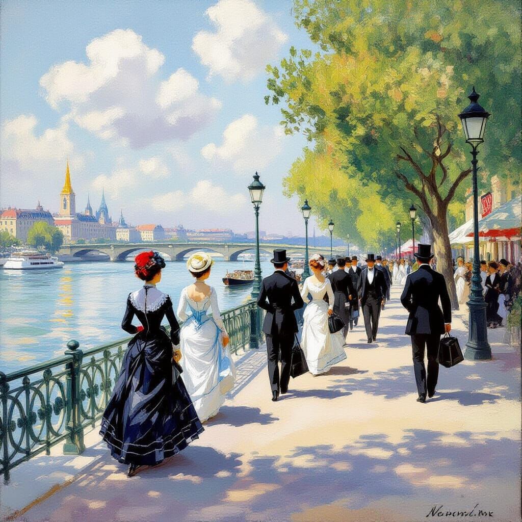 Parisian Riverside Scene in Impressionist Style