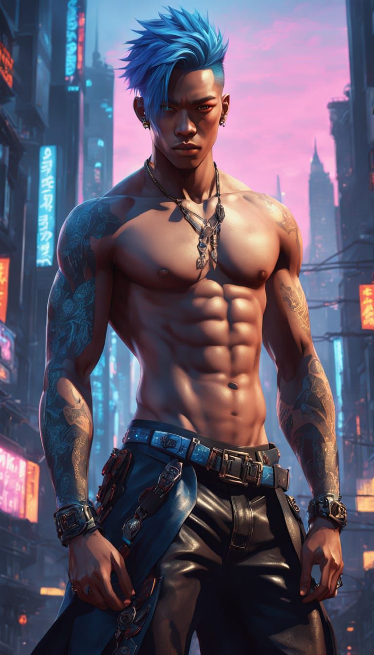 Handsome Cyberpunk Hero in Neon City