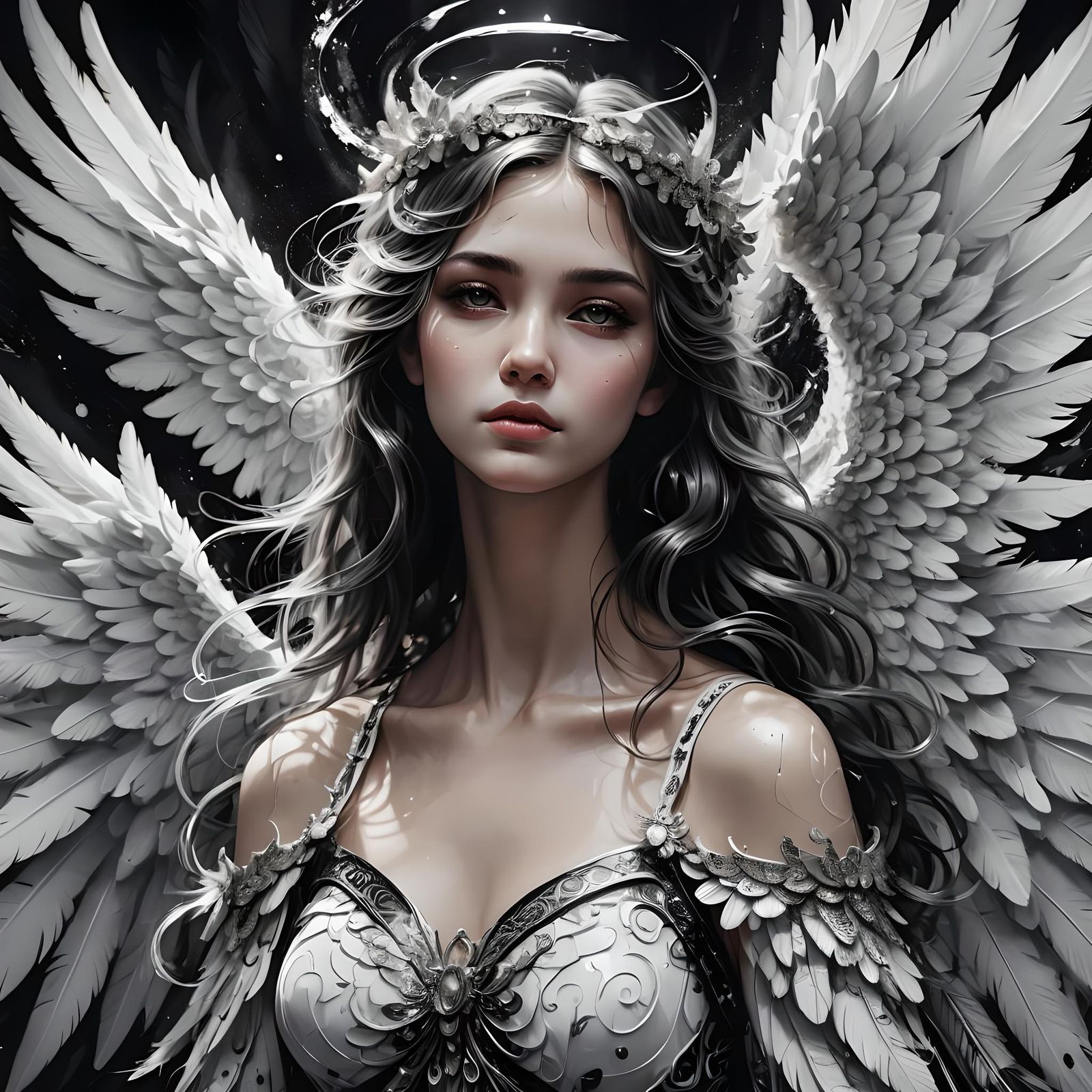 Beautiful Black and White Angel: Detailed Fantasy Art