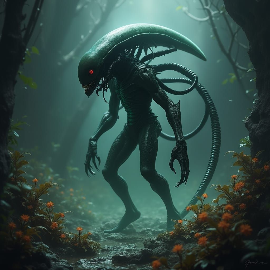 Terrifying Alien Xenomorph Hybrid in Gothic Landscape