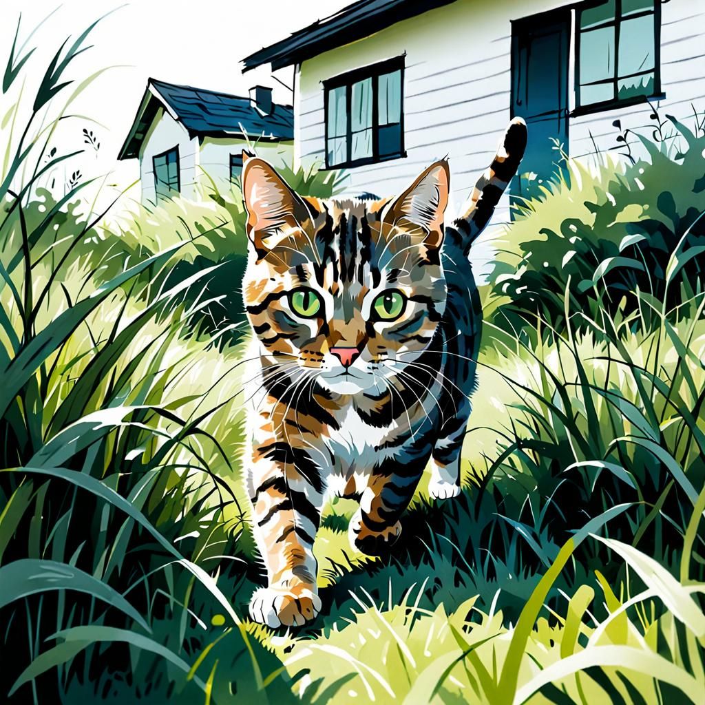 Minimalist Ink Painting of Tabby Cat in Grass