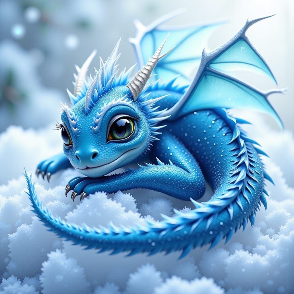 Icy Dragon Curled on Crystalline Bed, Watercolor Art