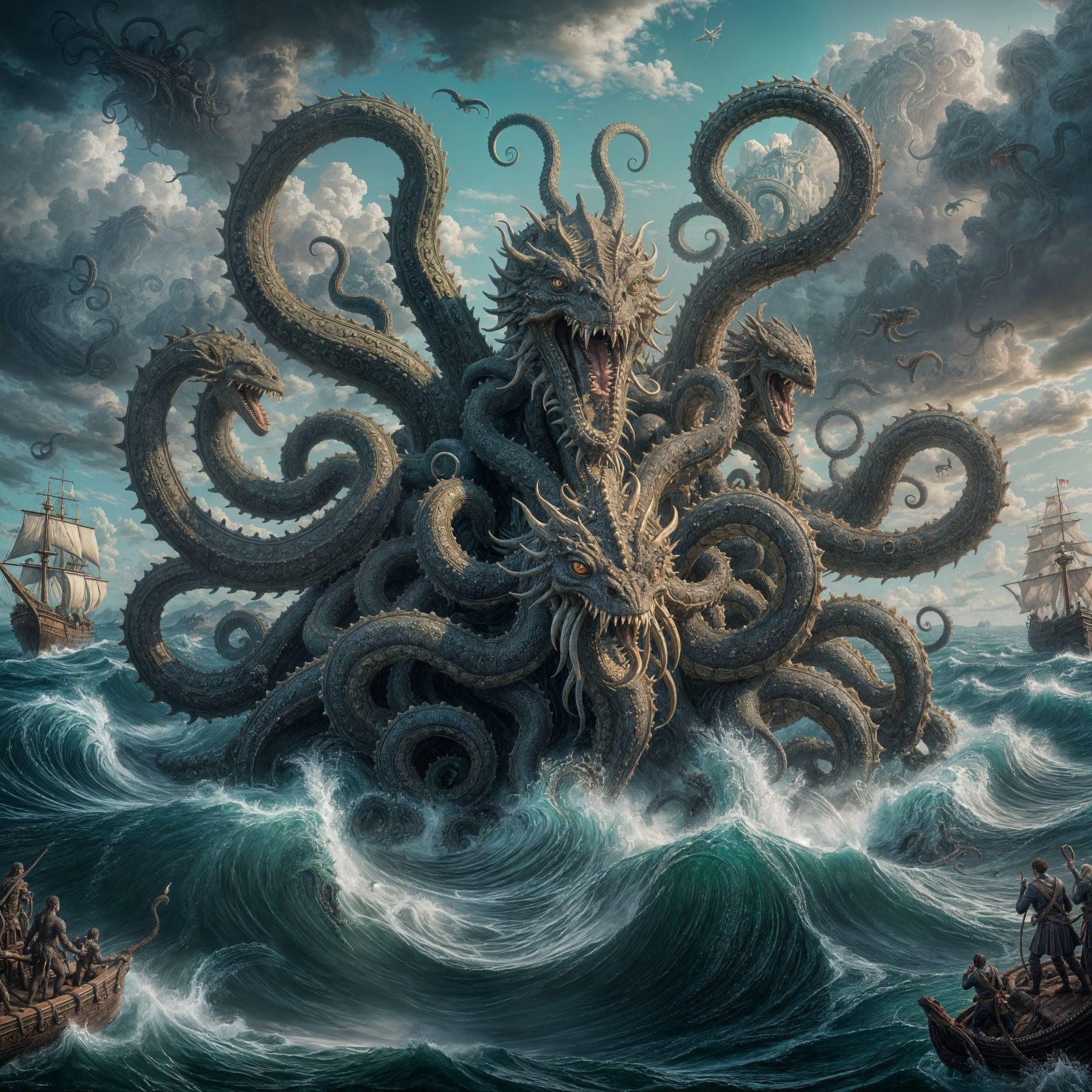 Hydra vs Kraken: Baroque Oil Painting in Chiaroscuro