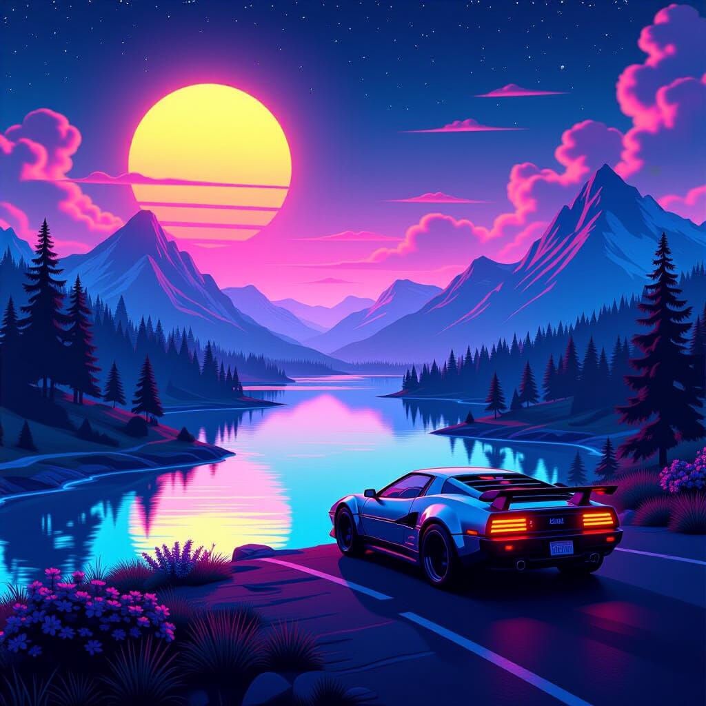 Retro 80s Neon Synthwave Landscape in Digital Art