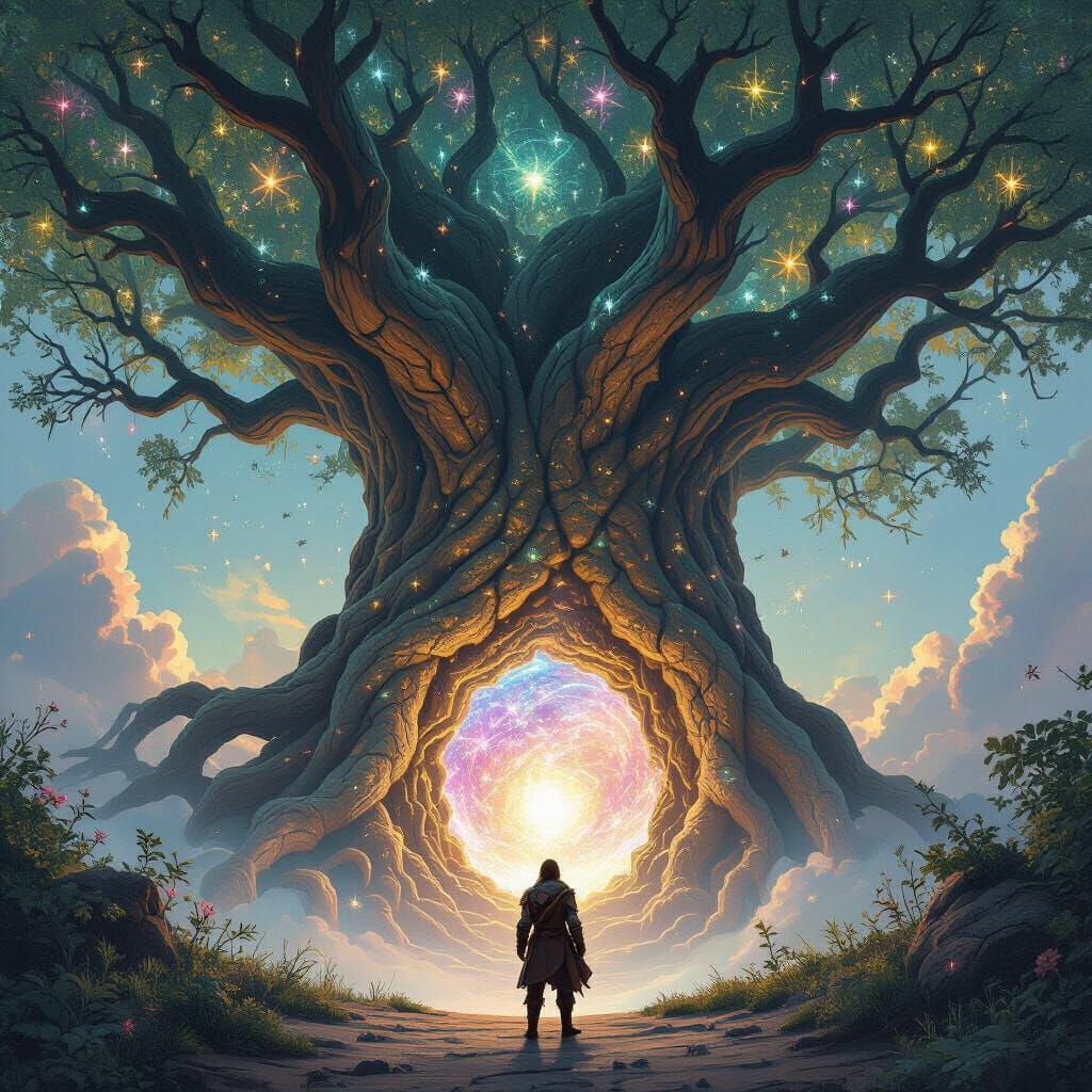 Adventurer at Cosmic Tree Portal in Ethereal Glow