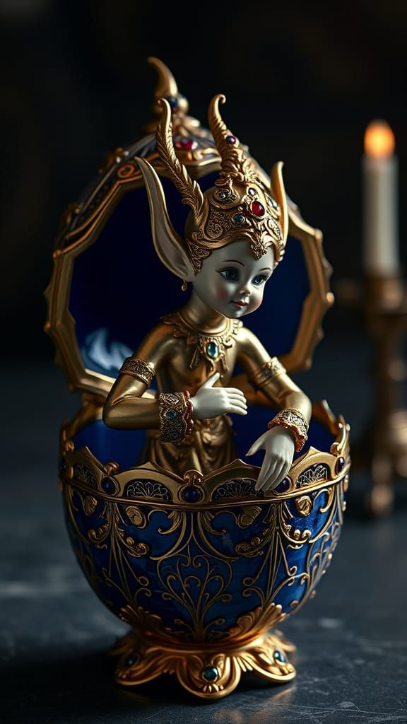 Golden Elf Emerges from Fabergé Egg in Renaissance Style