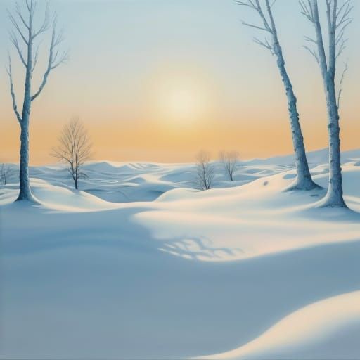 Surreal Snowscape with Melting Clocks and Bright Sun