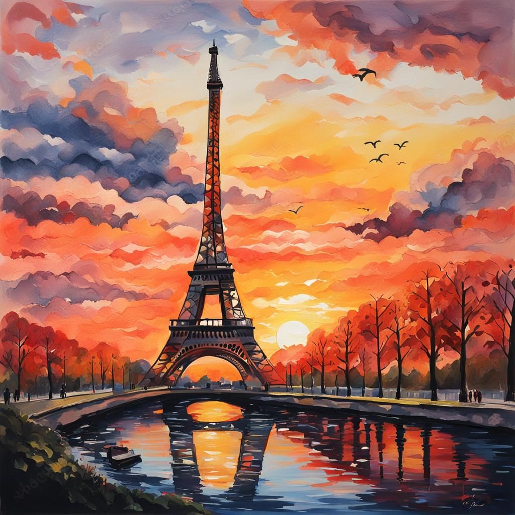 Eiffel Tower at Sunset: Gouache Painting
