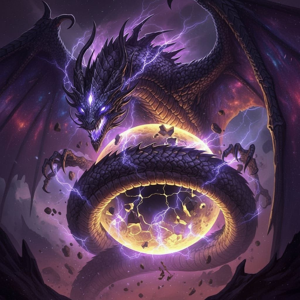 Cosmic Dragon Coiled Around Shattered Moon in Dark Fantasy S...