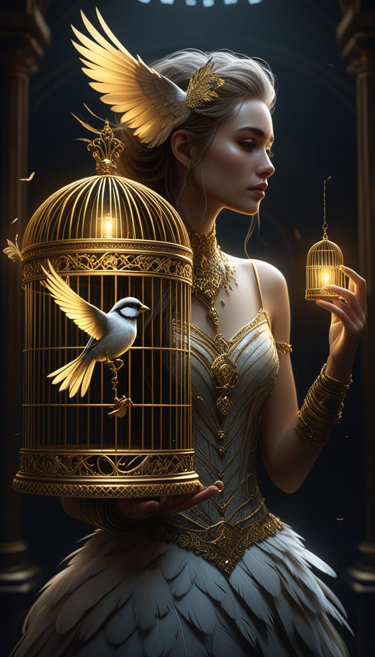 Bird-Girl with Tiny Human in Ornate Golden Cage