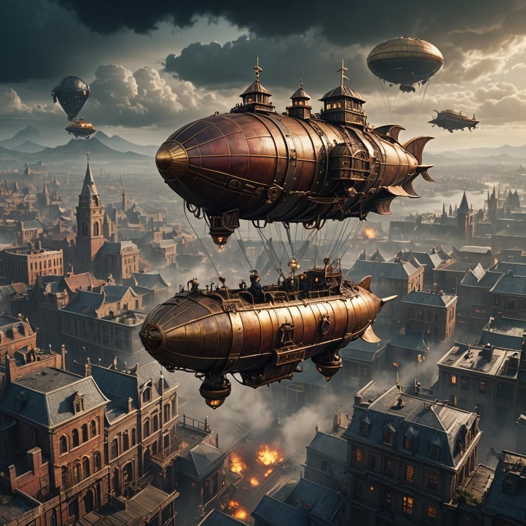 Steampunk Hot Airship Over Antique City