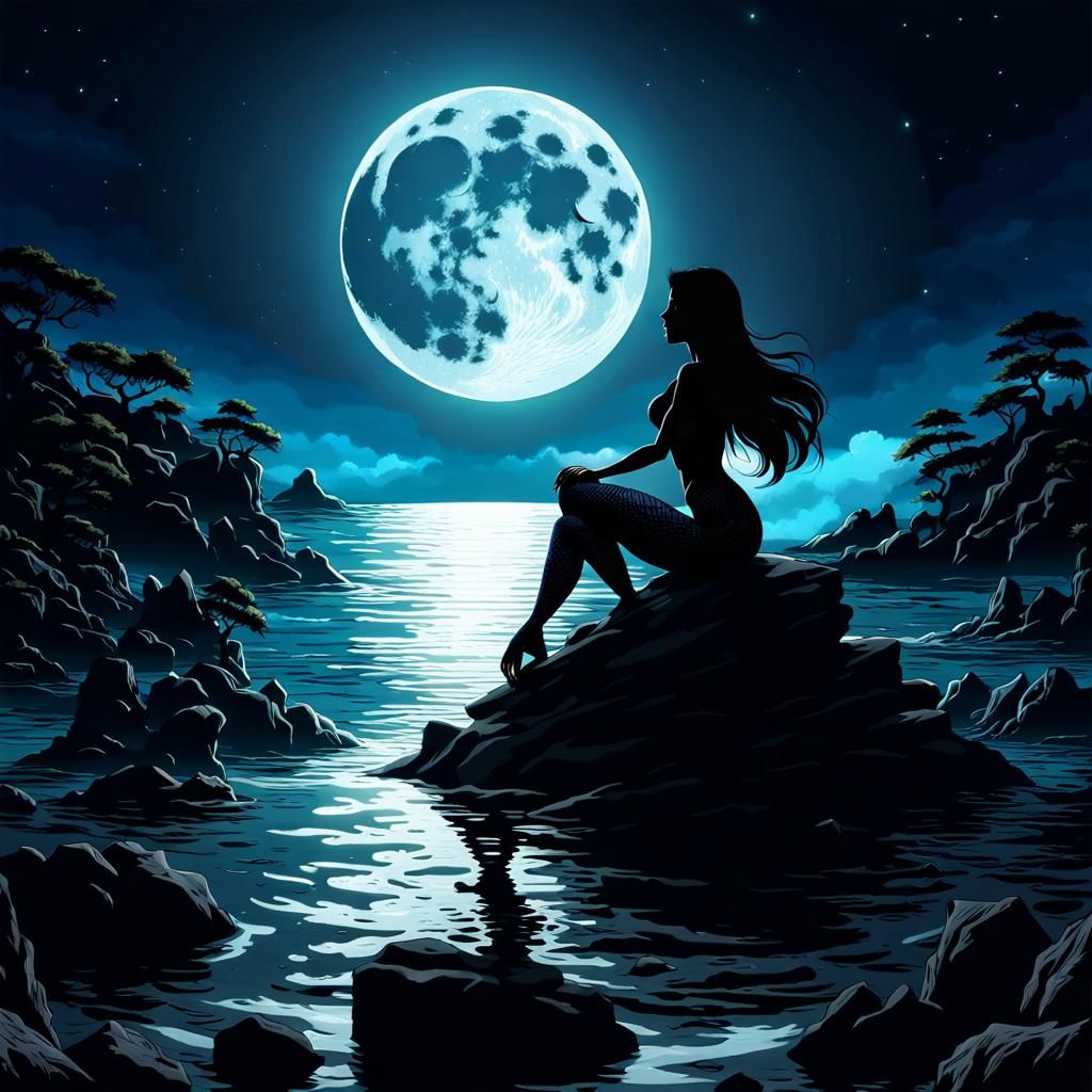 Mermaid Silhouette Under Moonlight in Anime Style
