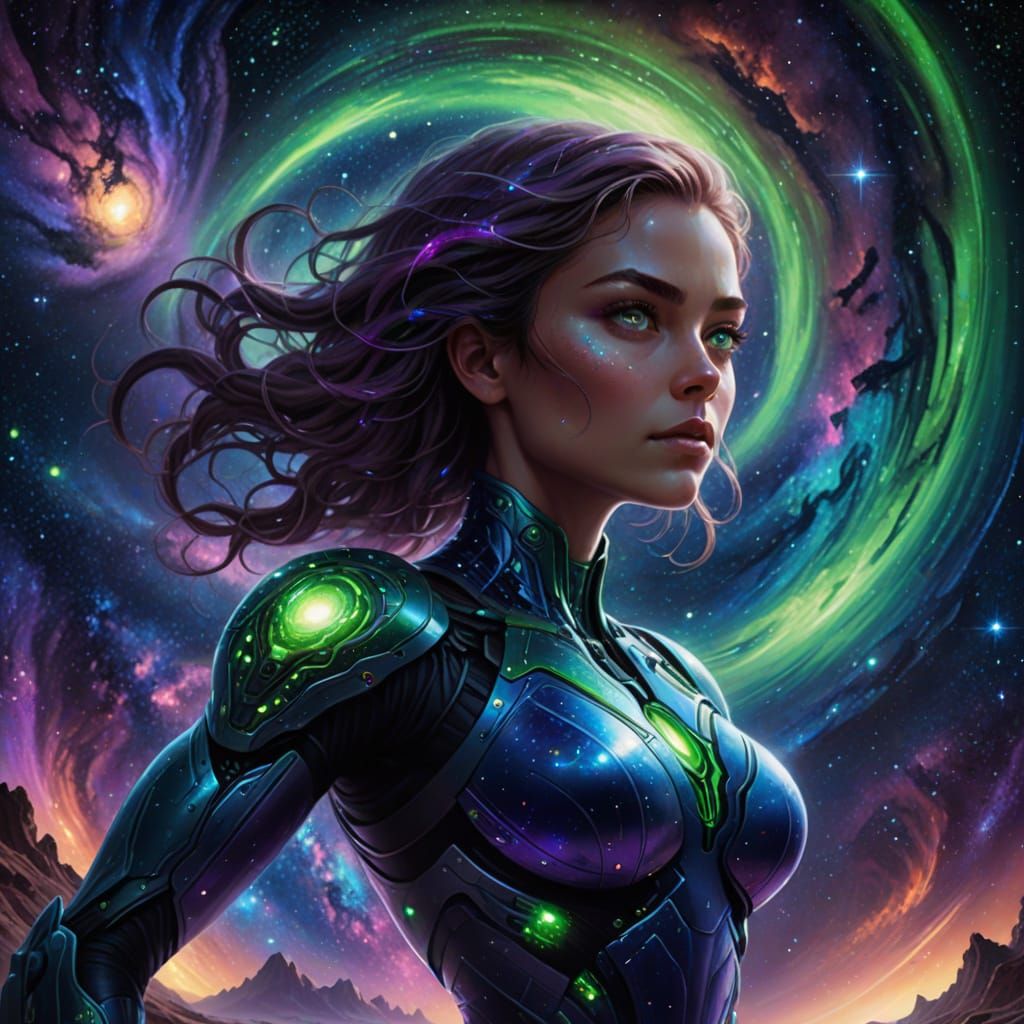 Muscular Woman with Green Eyes in Starscape Digital Painting
