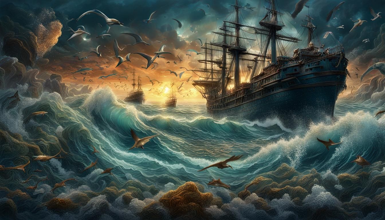 Melancholic Seascape with Migratory Birds: Detailed Matte Pa...