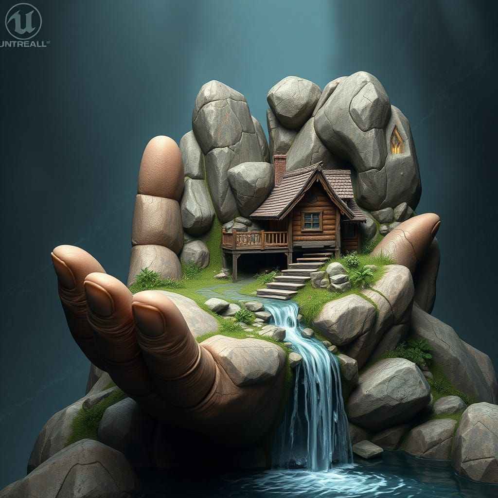 Fantastical Stone Hand with Waterfall Cabin in Deep Color