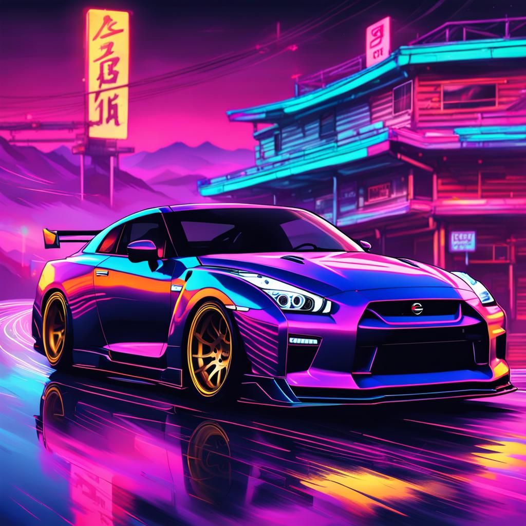 Nissan GTR Drifting in Synthwave Neon Style