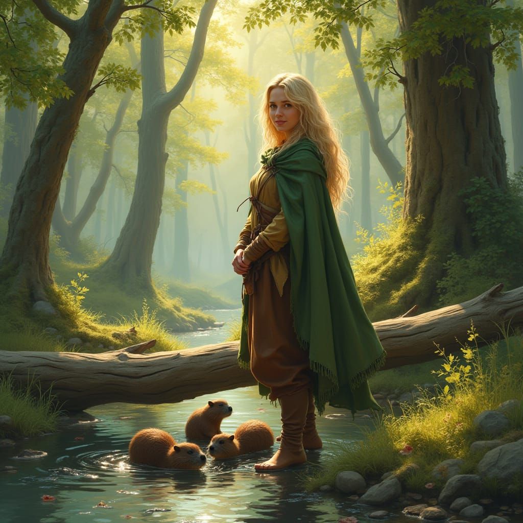 Whimsical Woman in Forest Glade with Beavers
