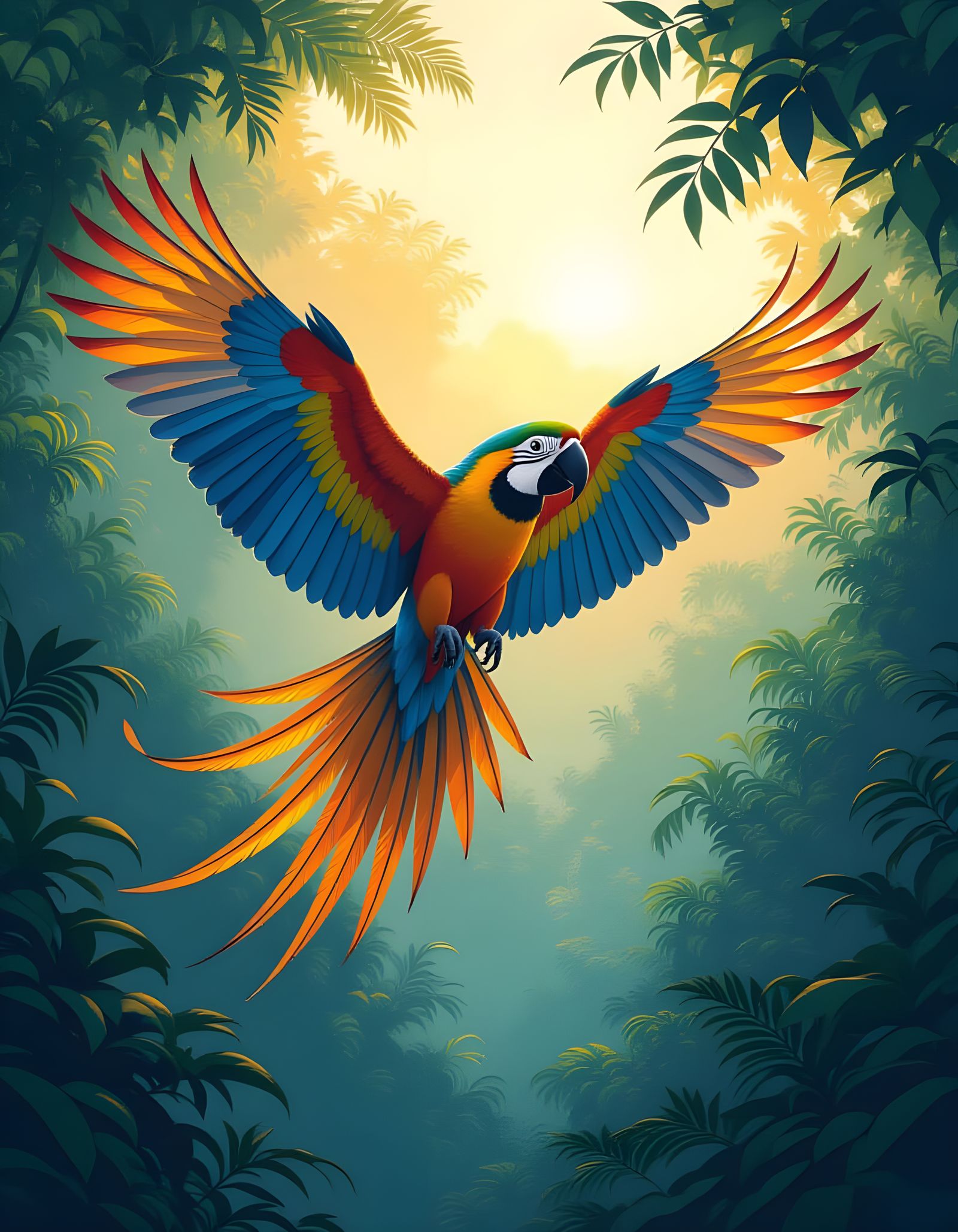 Macaw Gliding Through Enchanted Rainforest