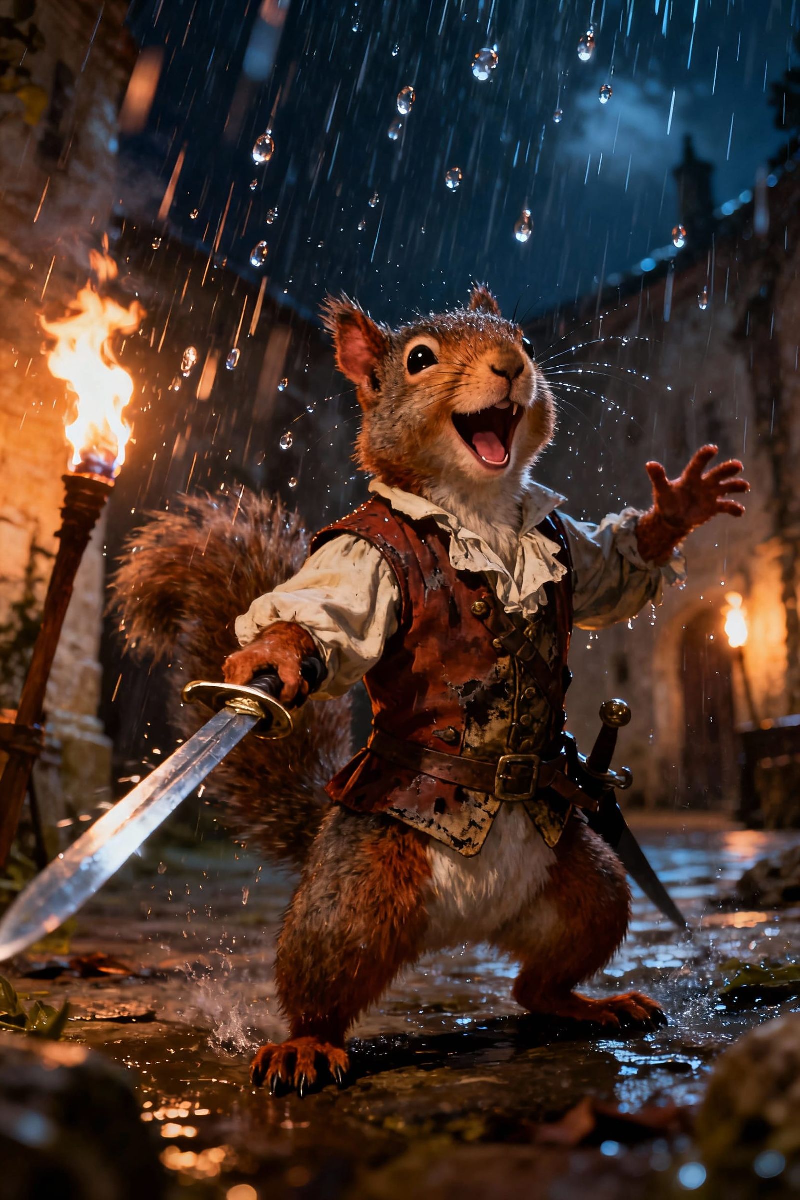 Photorealistic Squirrel in Torchlit Courtyard